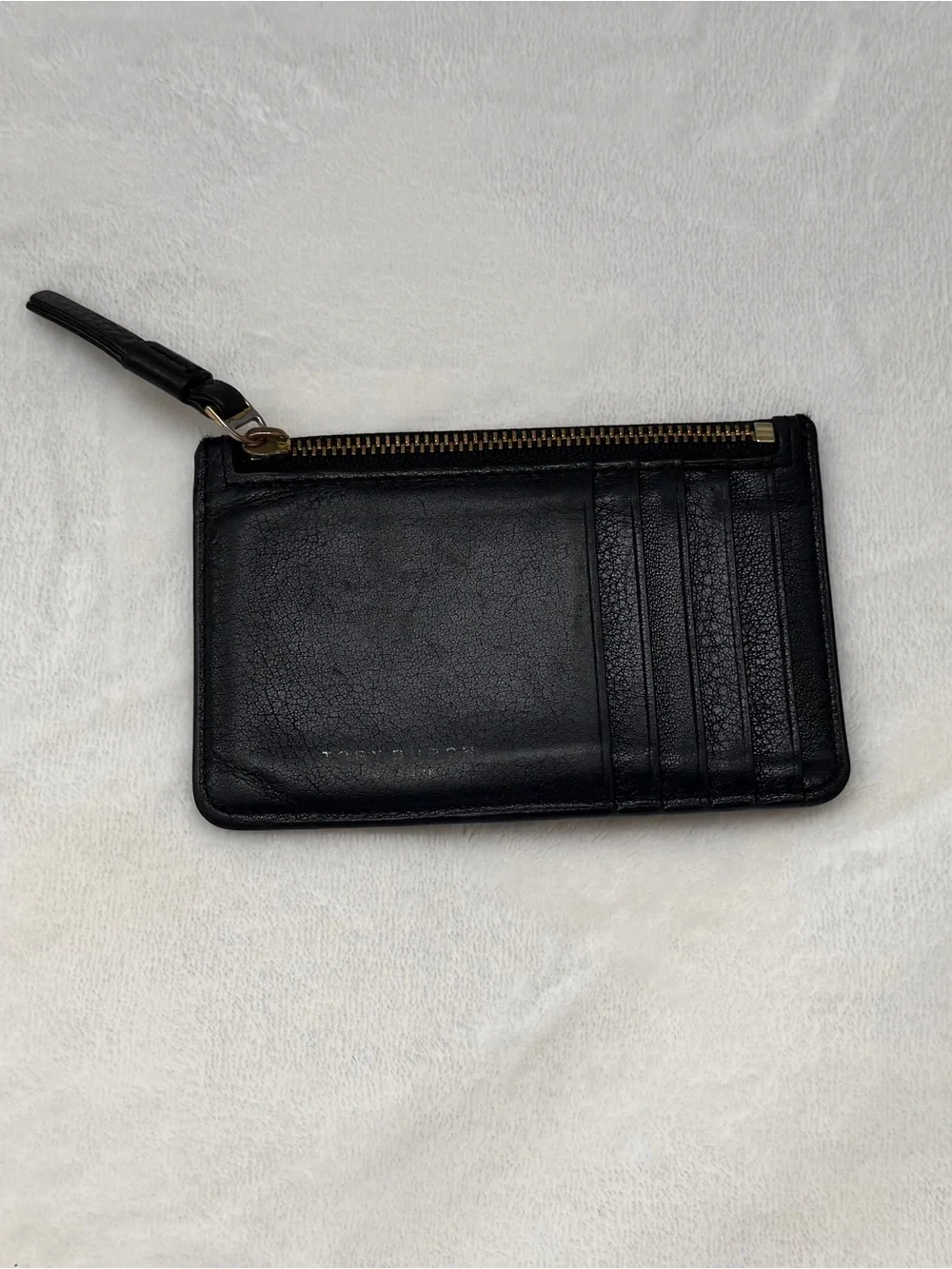 Tory Burch Pebbled Leather Zip Card Case Wallet Black Gold Logo